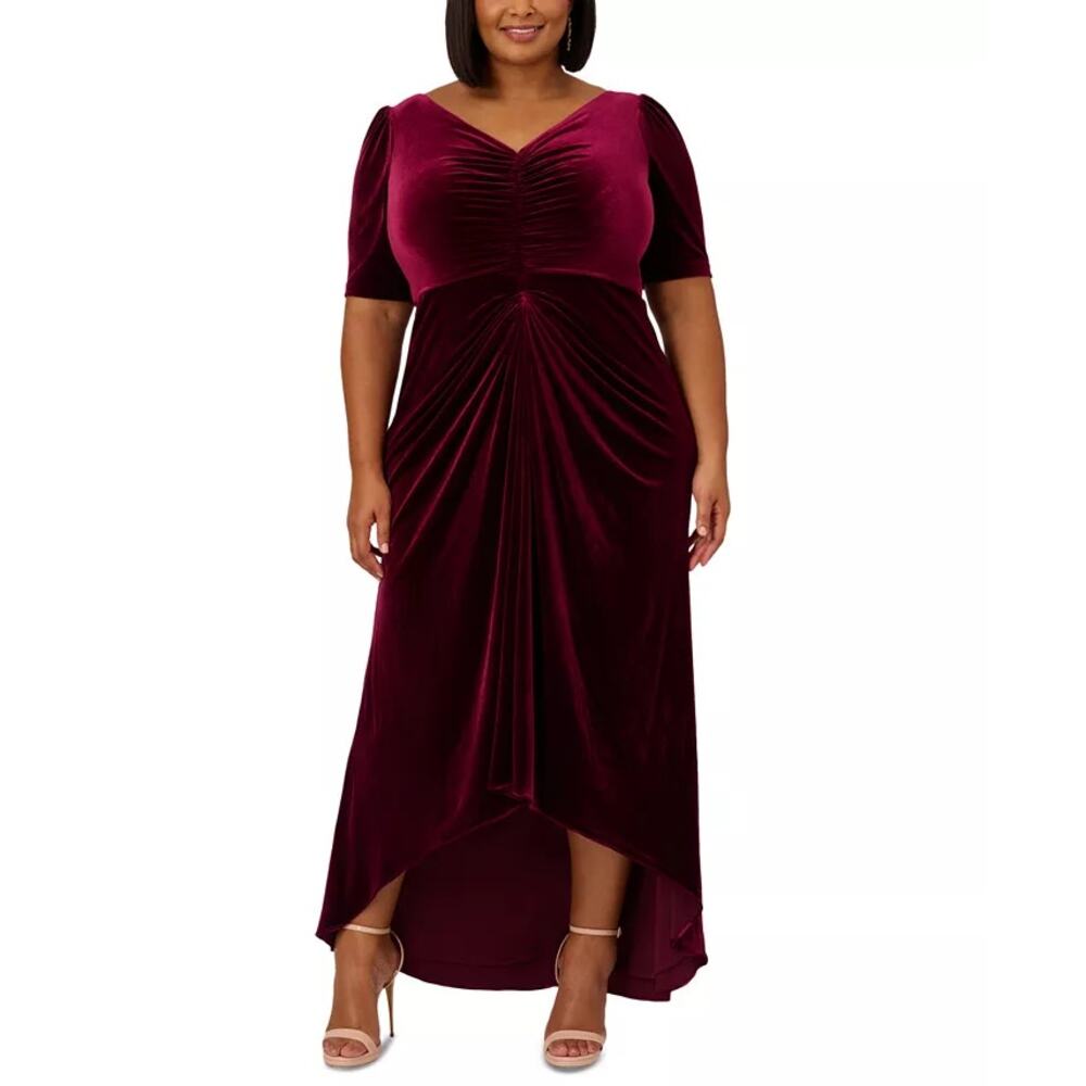 Adrianna Papell Plus Size Velvet V Neck Draped High Low Gown Burgundy NWT 14W